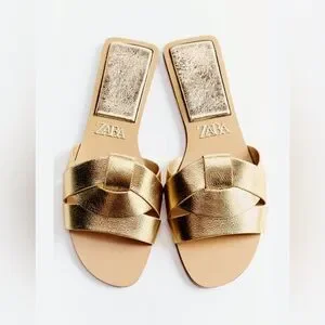 ★ZARA★ FLAT CRISS-CROSS LEATHER SLIDER SANDALS Zara + Leather Criss-Cross Sandals